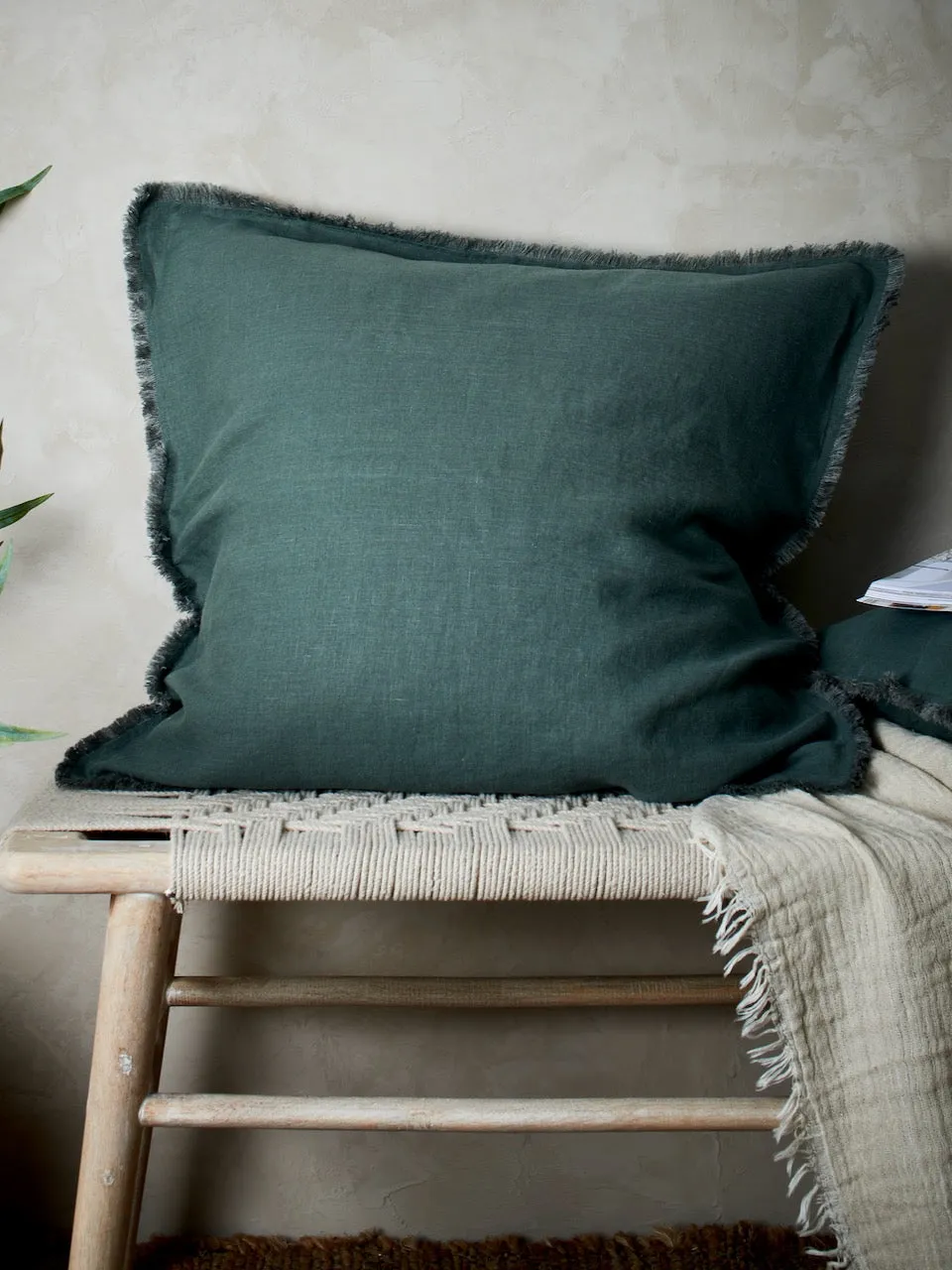 Fringe Linen Cushion Cover Forest Green