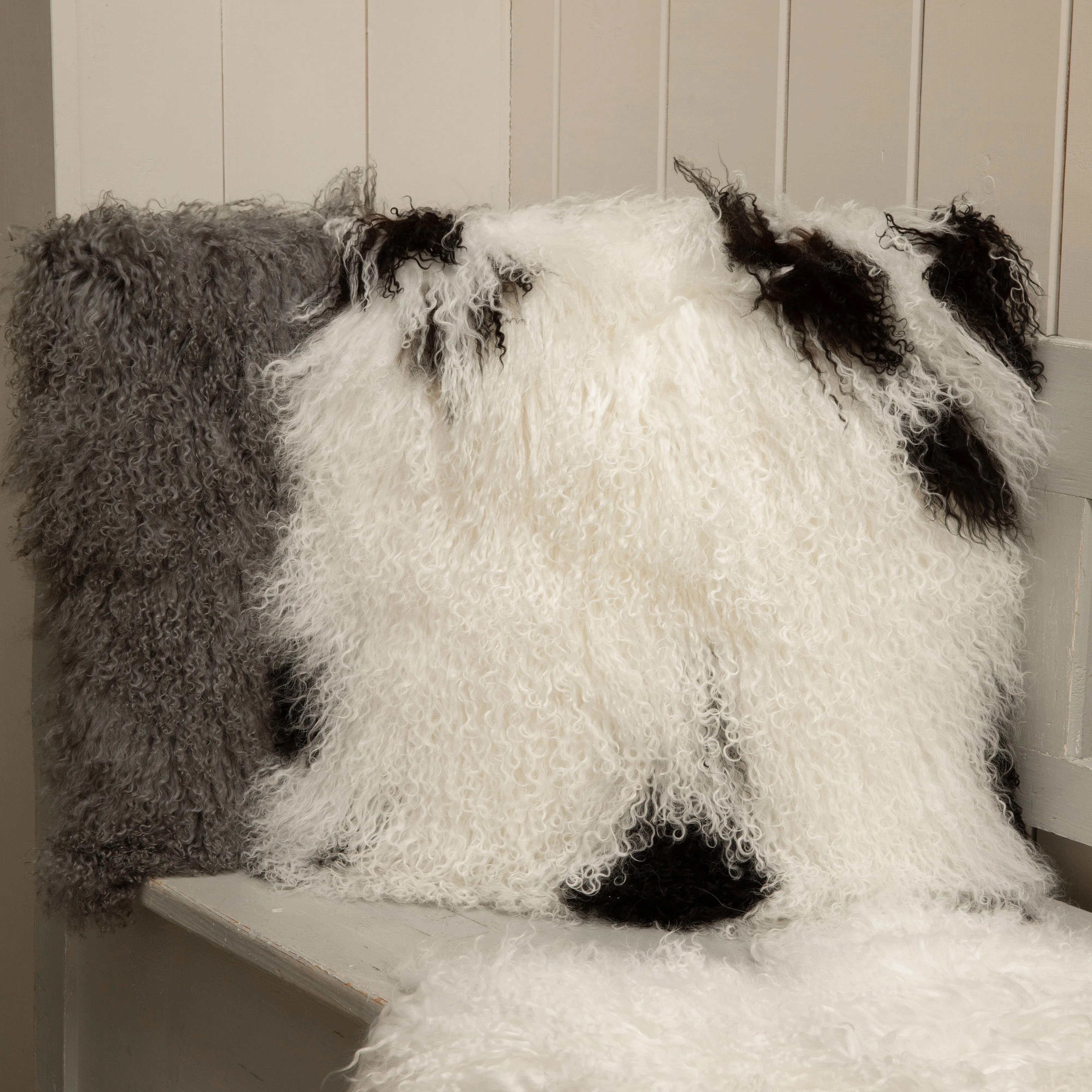 Tibetan Sheepskin Cushion - White & Black